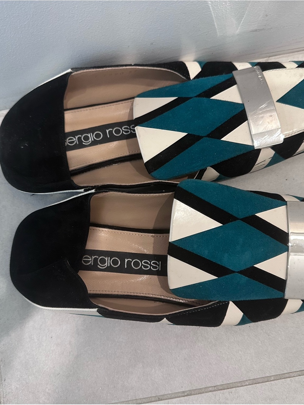 Sergio Rossi Black, Teal & White Geometric Loafers 37 EUR